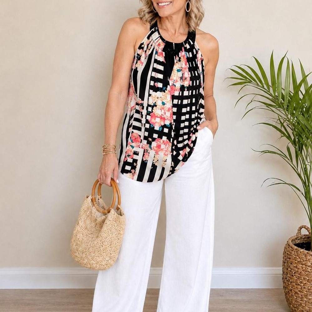 Alfani black and white striped halter top with pink floral print, size 8.